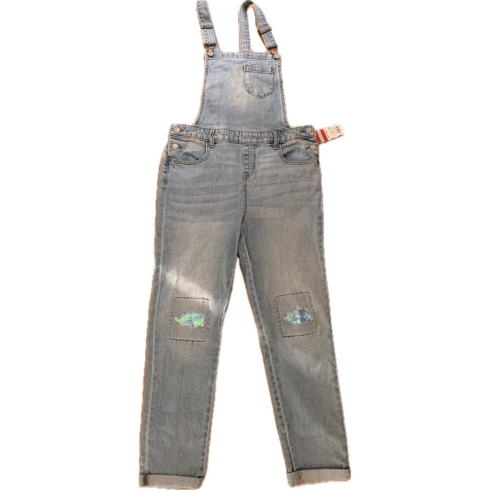 Cat & Jack Girls Denim Overalls Light Wash Sequin Knee XL 14/16 NWT
